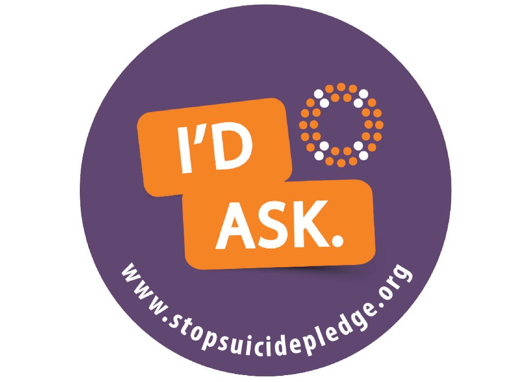 Purple circle with I'd Ask written in white on orange boxes and www.stopsuicidepledge.org written in white