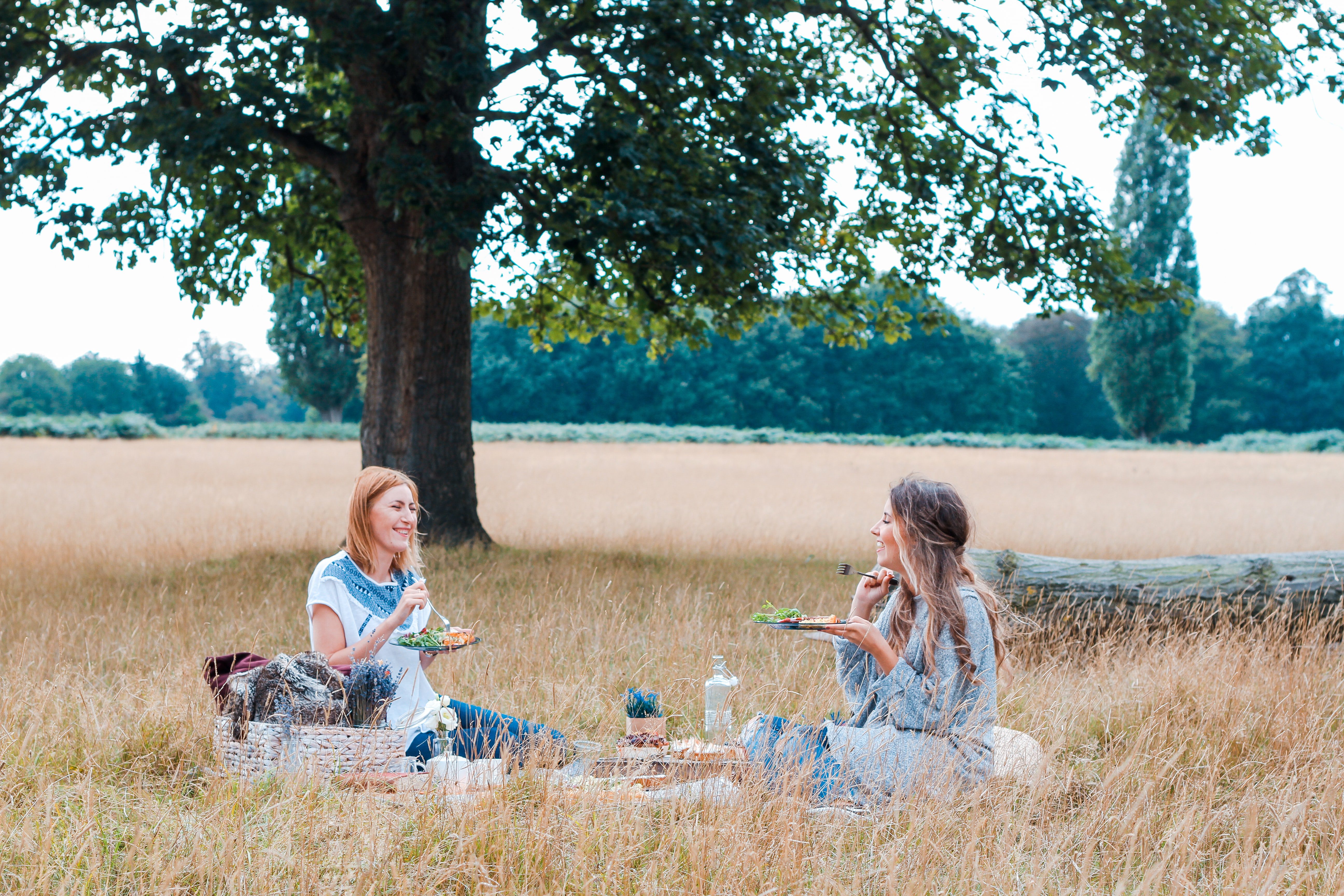 Two women in a field having a picnic