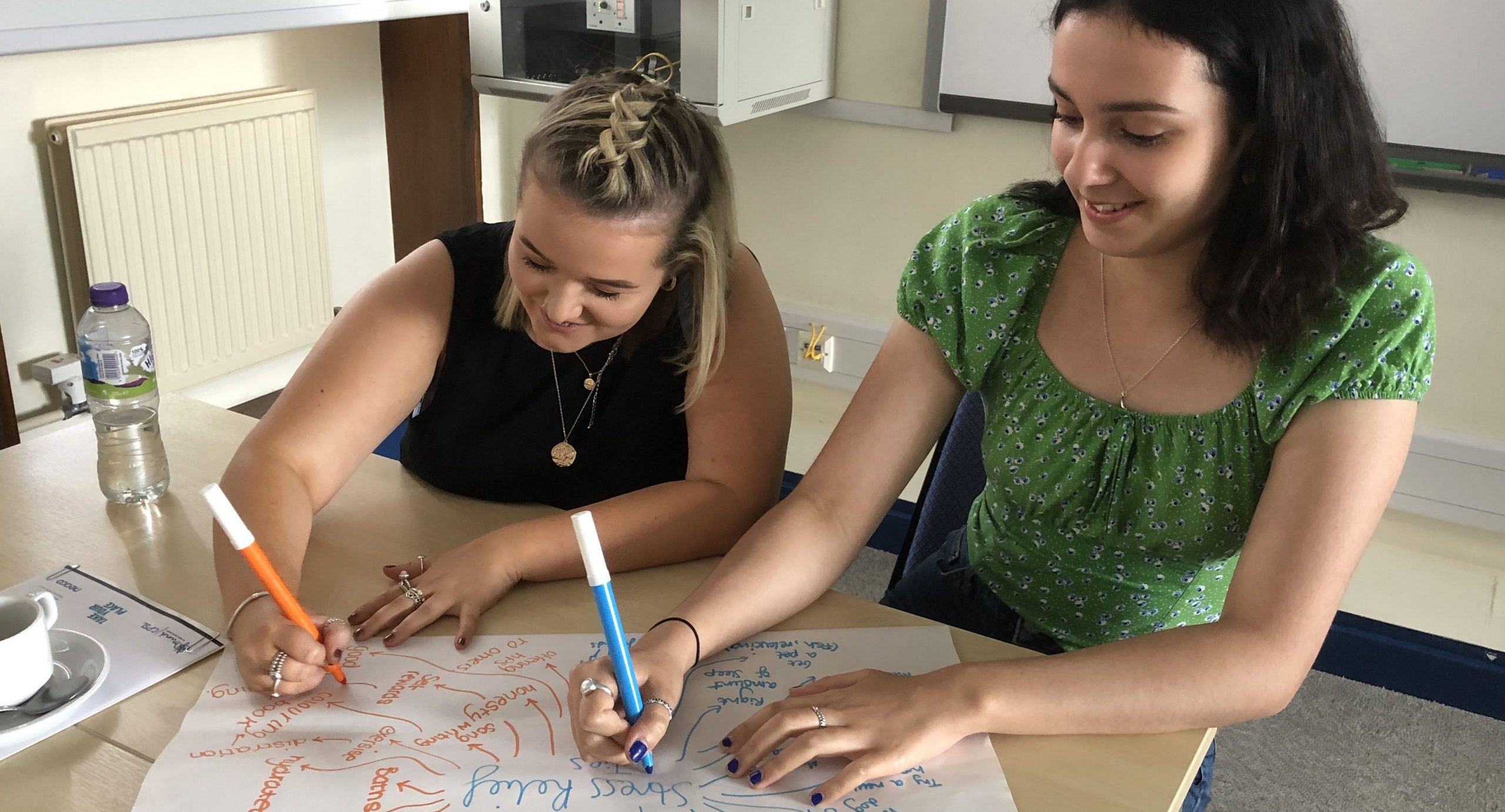 Two women drawing a Stress Relief spider diagram on a piece of paper