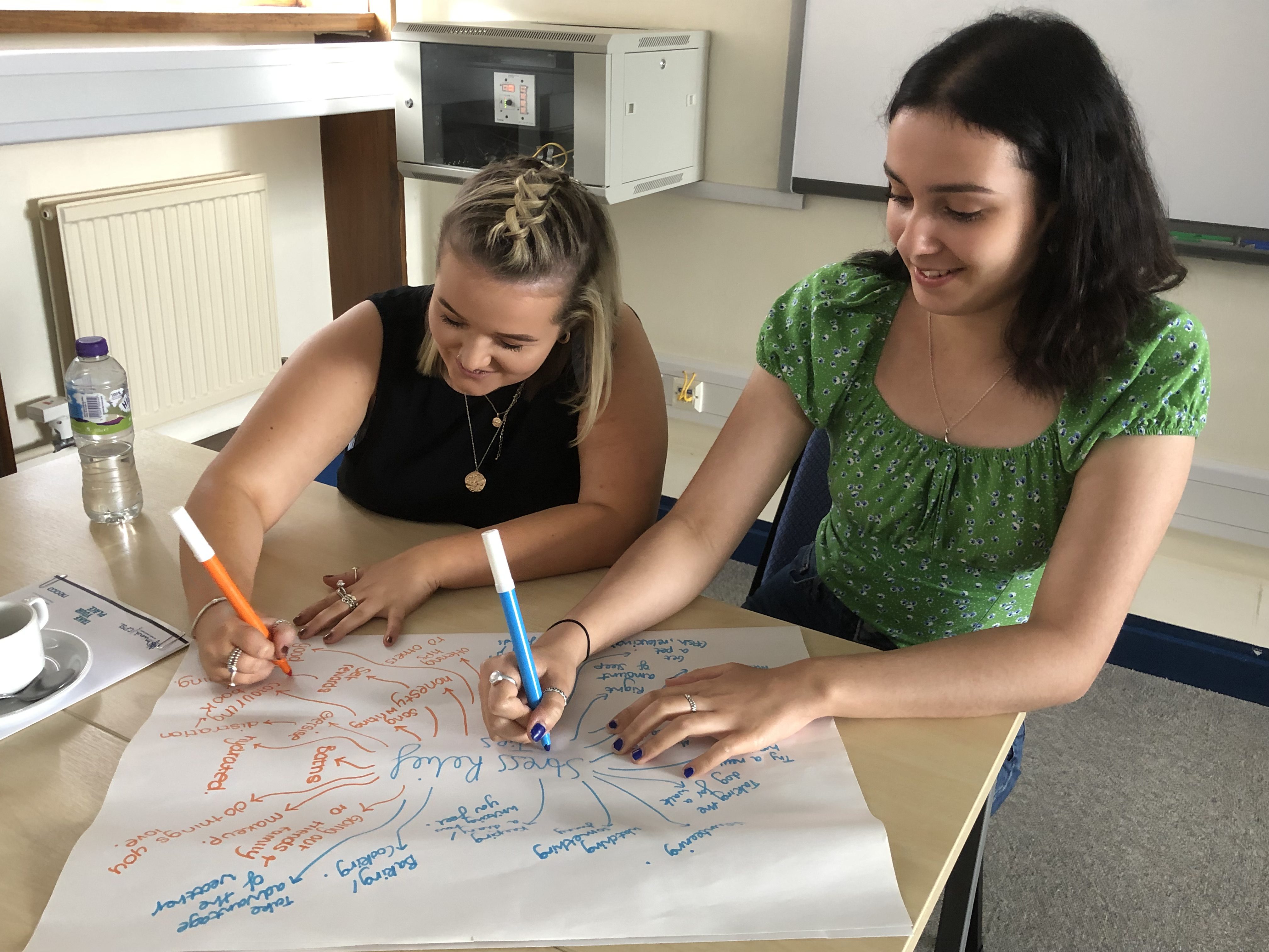 Two women drawing a Stress Relief spider diagram on a piece of paper