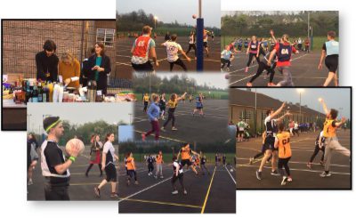 A collection of photographs of a netball game