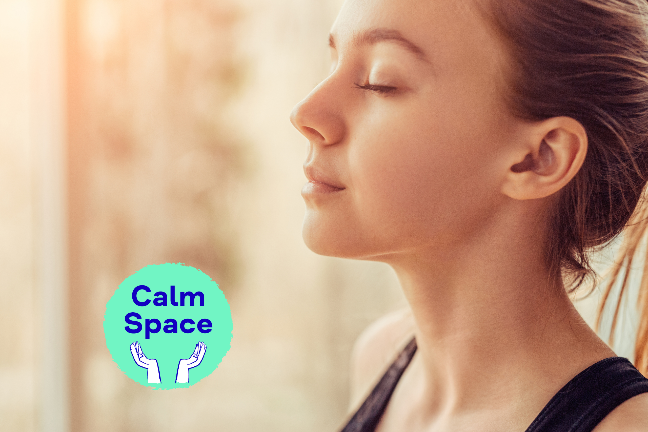 A woman sitting with her eyes closed to meditate with Calm Spaces logo