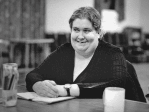 Black and white image of lady smiling