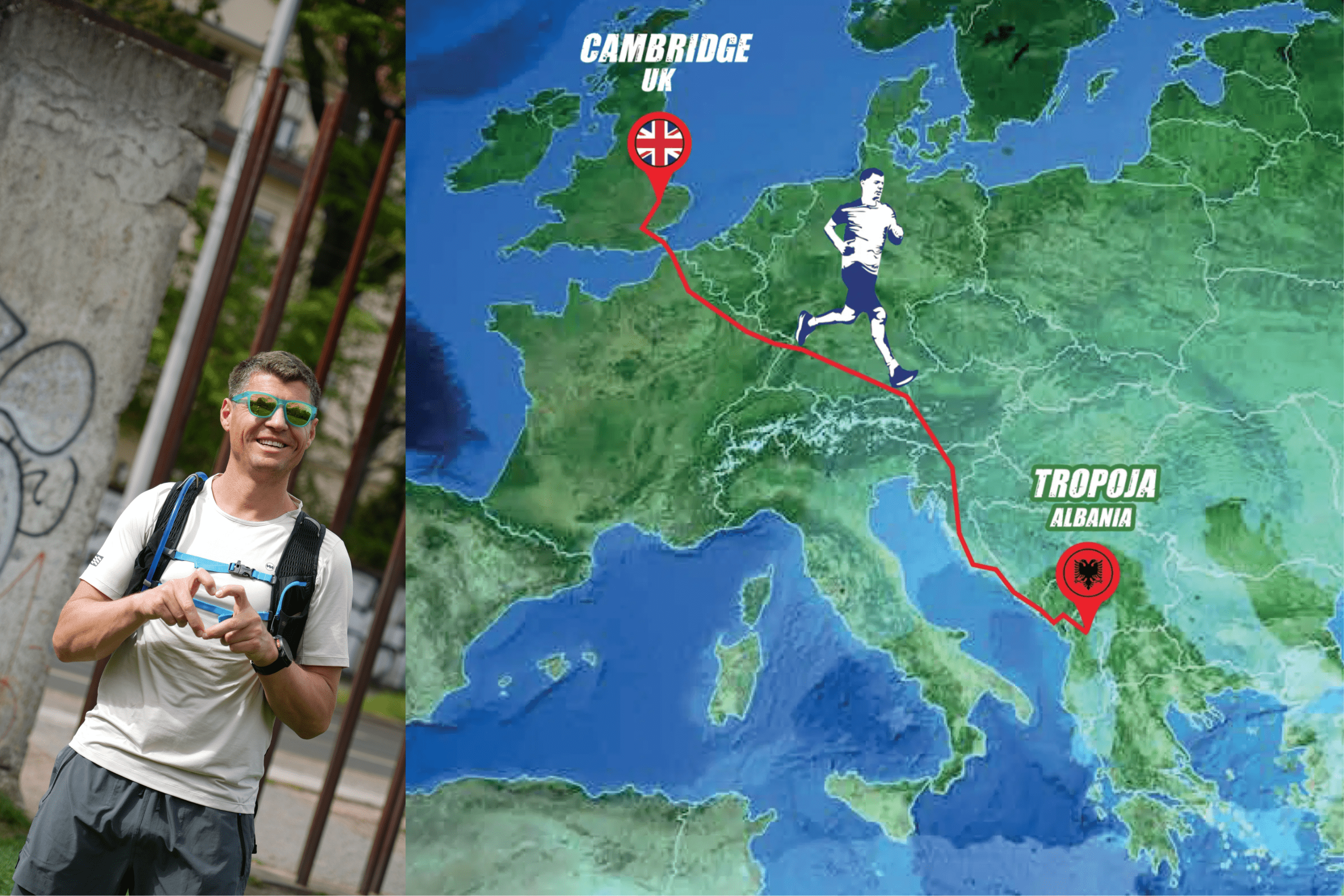 man running and map of cambridge to Albania