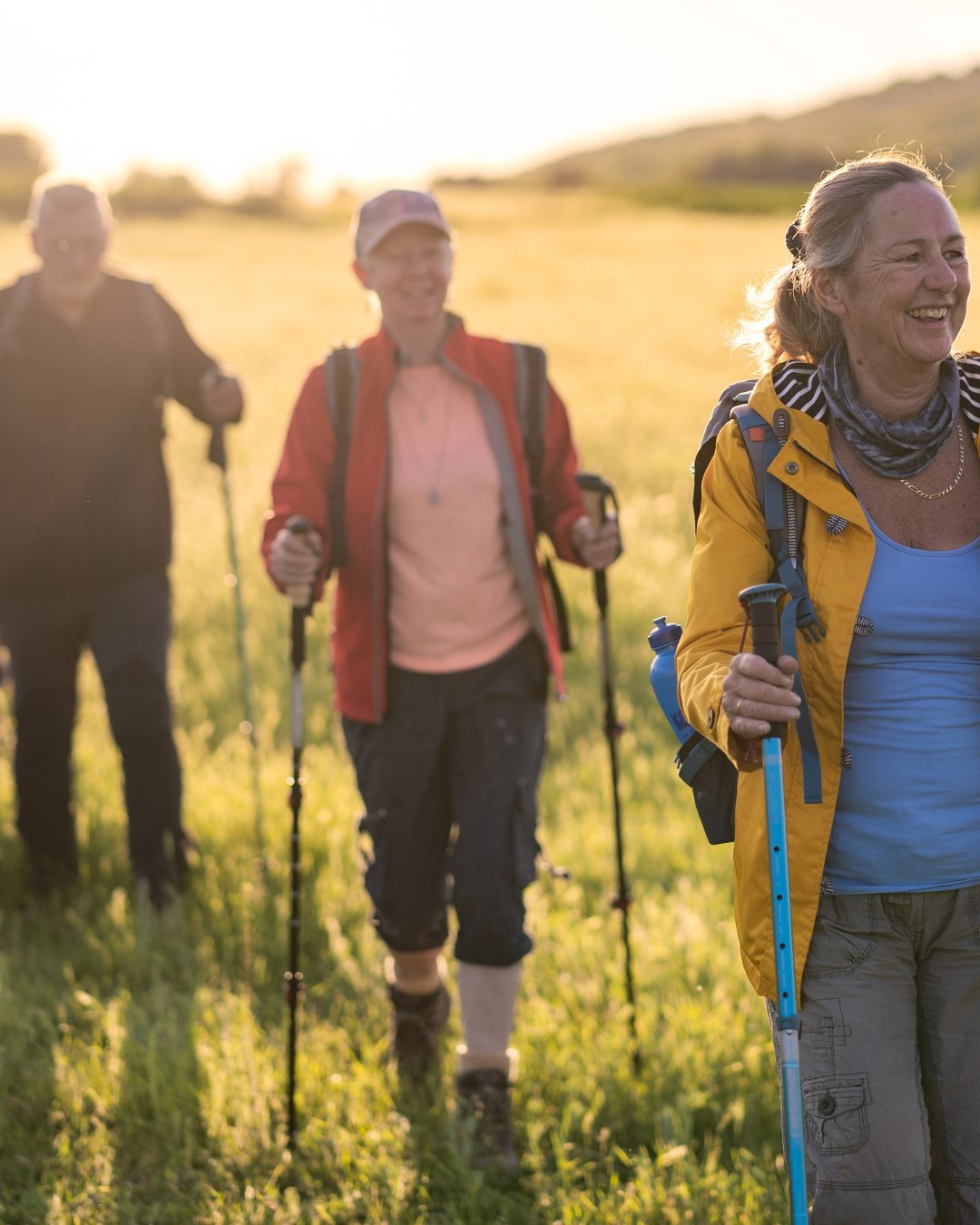 people walking in a meadow with walking sticks