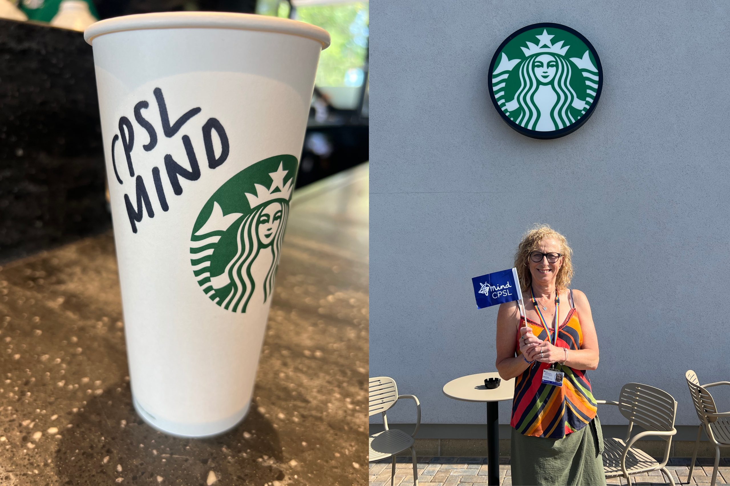 starbucks coffee cup and woman standing with CPSL Mind flag