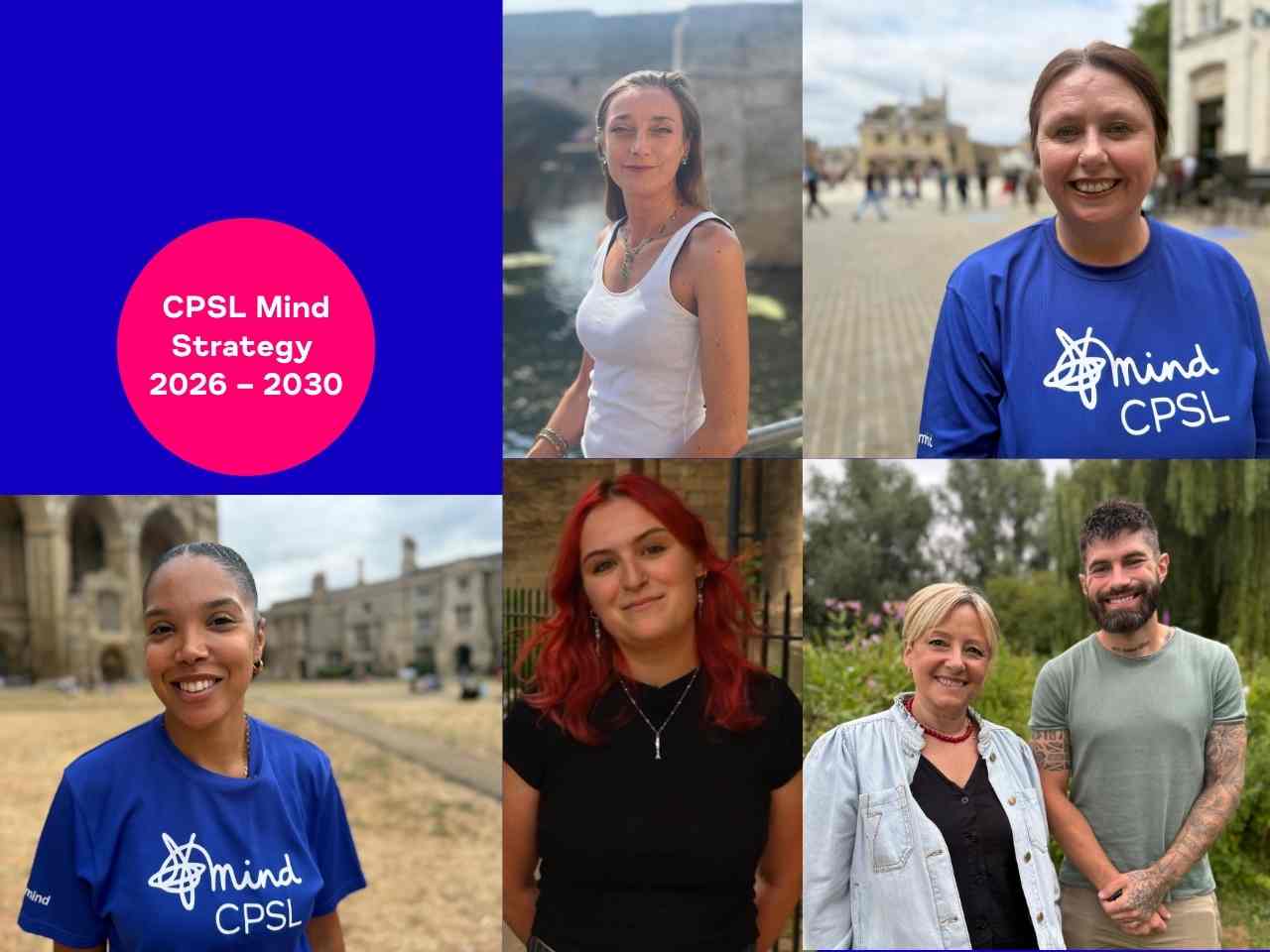 CPSL Mind launches Time for Action: Together for Mental Health 2 people wearing blue CPSL Mind t-shirts and smiling at camera in Cambridgeshire and Peterborough