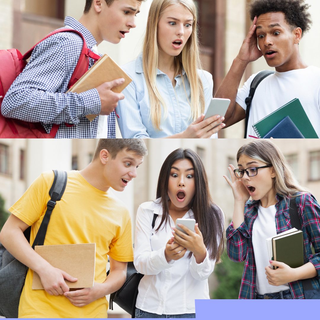 Two campus scenes showing small groups of students standing outside, talking and looking at notebooks and phones.